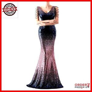 Sequin Mermaid Evening Gown Formal Dress V Neck Short Sleeve